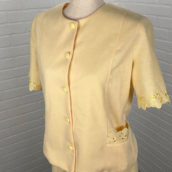 Pablo Skirt Suit Women 10P Yellow Floral Eyelet Secretary Summer‎ 60s 70s VTG - Picture 3 of 15